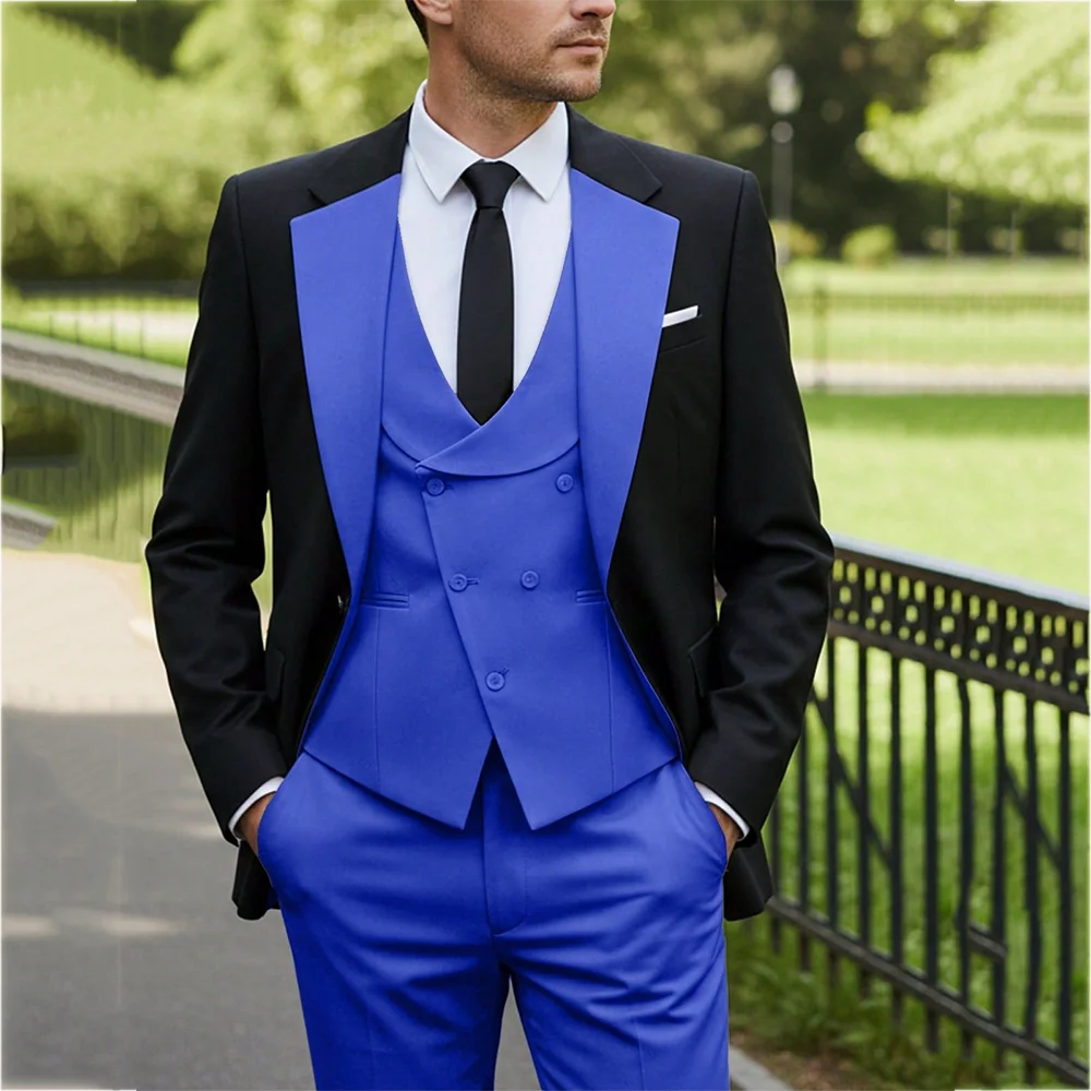 Handsome Contrast Color Men Suits Three Piece Peaked Lapel Single Breasted Outfit Slim Fit High Quality Male Clothes Set