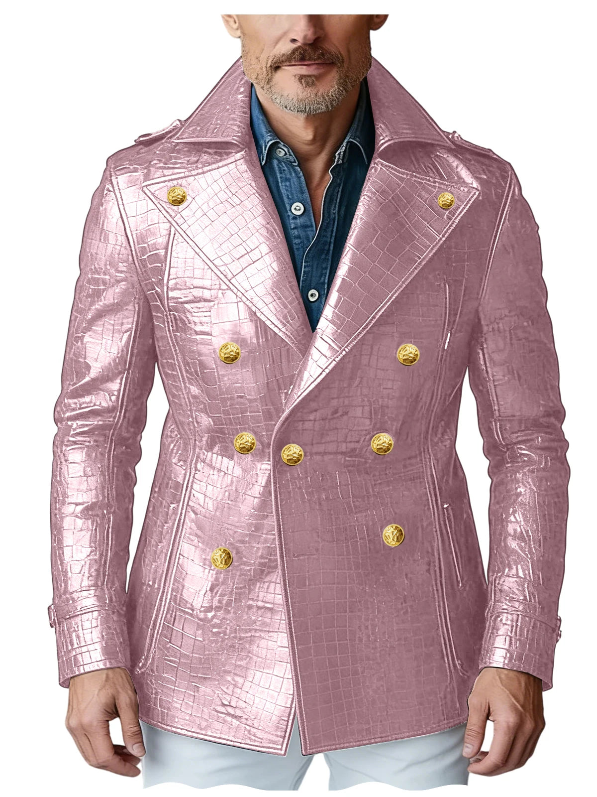 Men's Crocodile Embossed Leather Blazer Double Breasted Trench Coat Wide Lapel Gold Button Slim Fit Jacket For Four Season