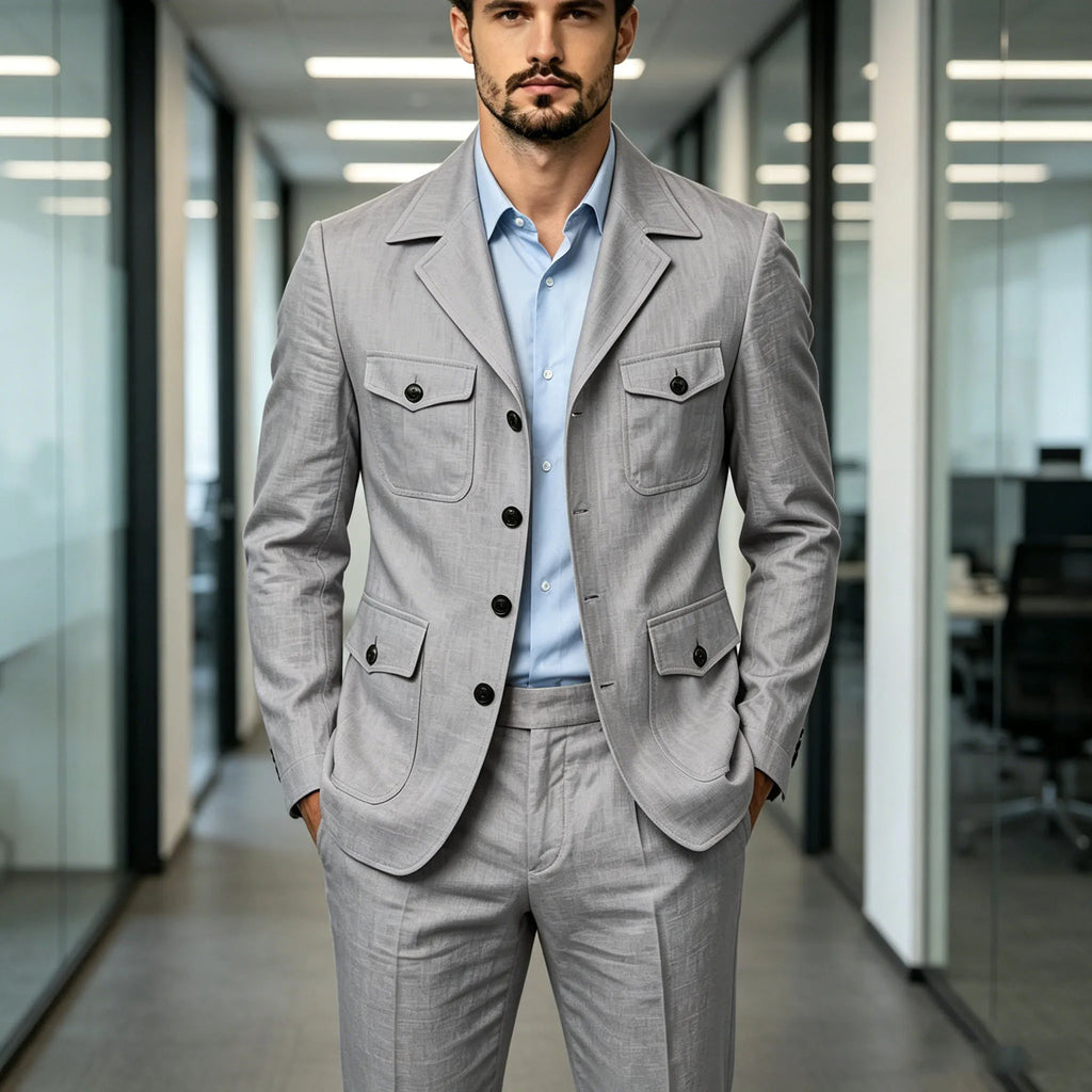 Men's Grey Linen Blend Suit 2 Piece Multi Pocket Peak Lapel Blazer pants Set Lightweight formal Suit for Summer Business Casual
