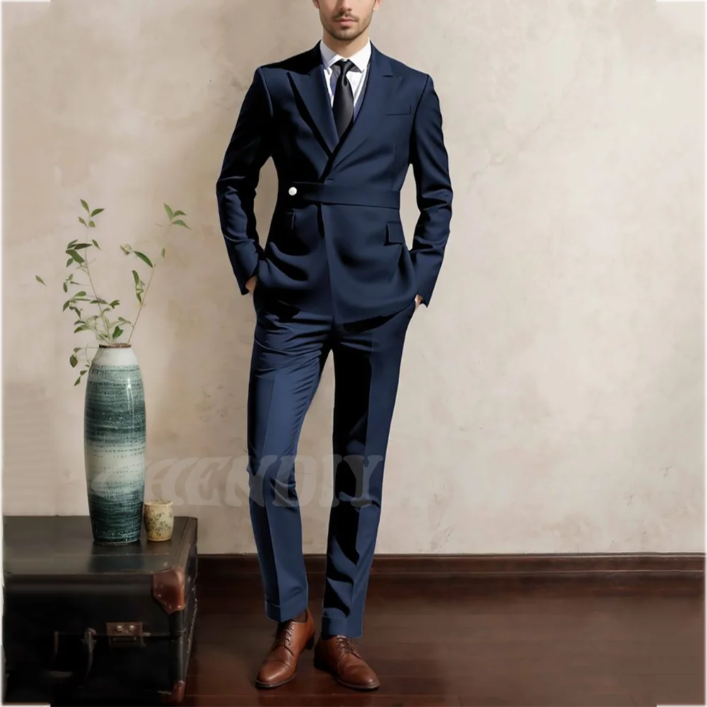 Solid Color Formal Suit For Men Slim Fitted Peaked Lapel High Quality Male Outfit Business Casual Office Wear Two Pieces