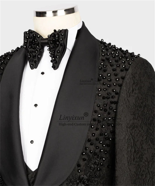 Fashion Black Beaded Pearls Men Suits With Flower 3 Pieces Sets Wedding Groom Tuxedo Party Male Prom Blazers Slim Costume Homme