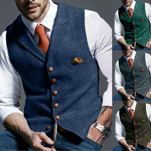 Men's Casual Classic Suit Vest V Neck Herringbone Tweed Slim Fit Business Waistcoat For Wedding Men's Lapel Plaid Vest