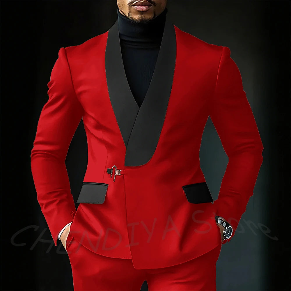Contrast Color Men's Suit Set 2 Piece Elegant Shawl Lapel Slim Fit Formal Outfit Business Casual Jacket Pants Customized