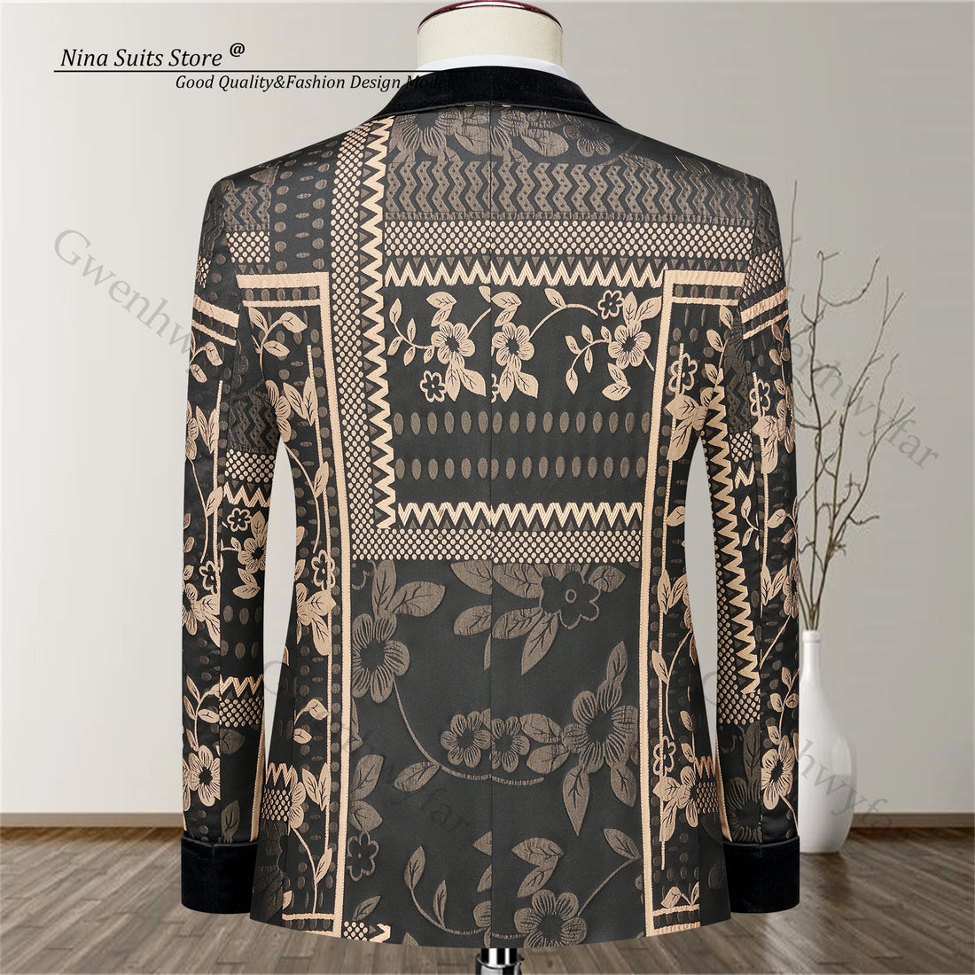 Gwenhwyfar 2025 Fashion Party Men's Set with Black Velvet Collar Jacquard Coat and Vest , Velvet Pants, New 3-Piece Buckle Suit