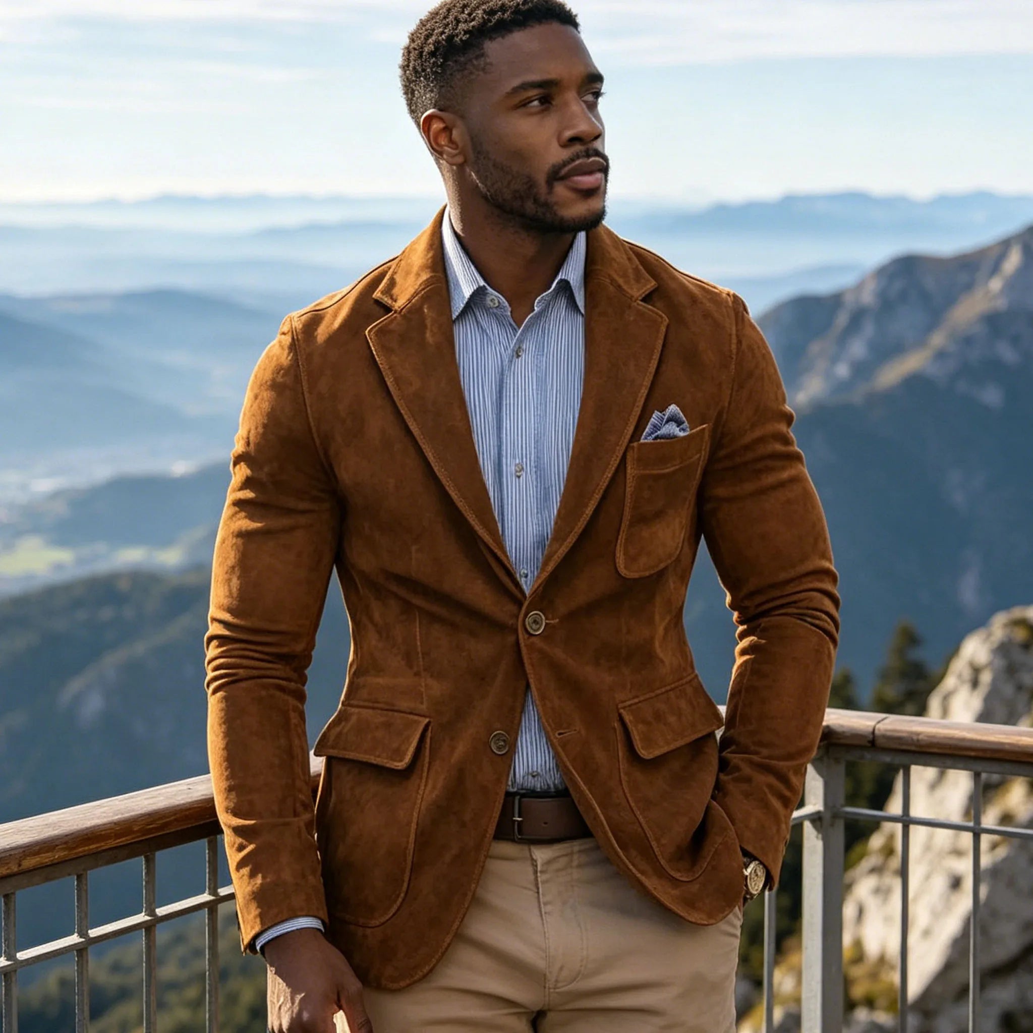 Men's Suede Brown Blazer Vintage Slim Fit Notched Lapel Formal Jacket High Quality Flap Pocket Sport Coat For Business Casual