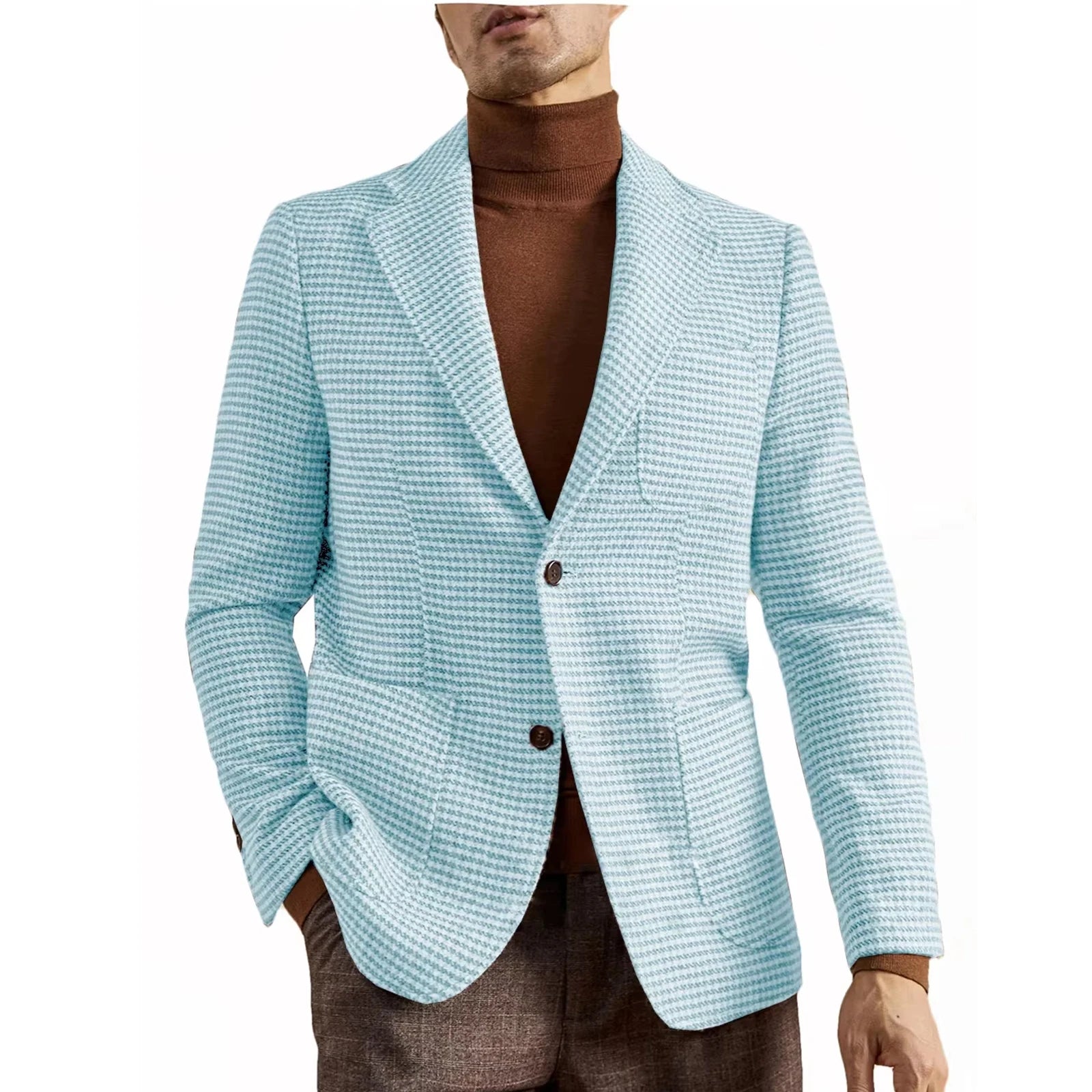 Men's Houndstooth Blazer Luxury Peak Lapel Slim Fit Wool Blend Suit Jacket For Classic Business Casual Fall Winter with Pockets
