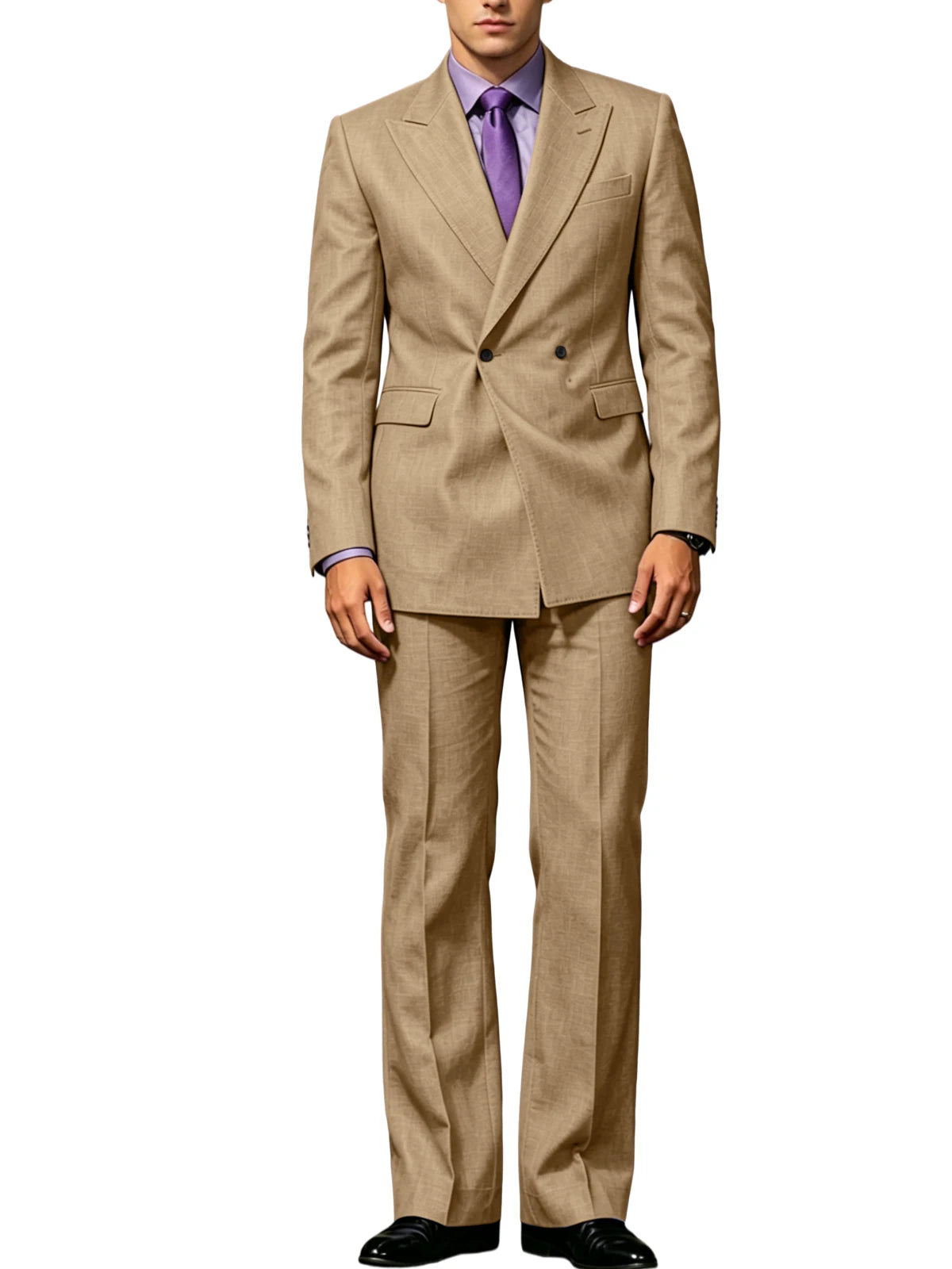 Vintage Men's Beige Linen Suit Notched Lapel Double Breasted Formal Blazer Set Summer Lightweight Wedding Party Trousers Suit Fo