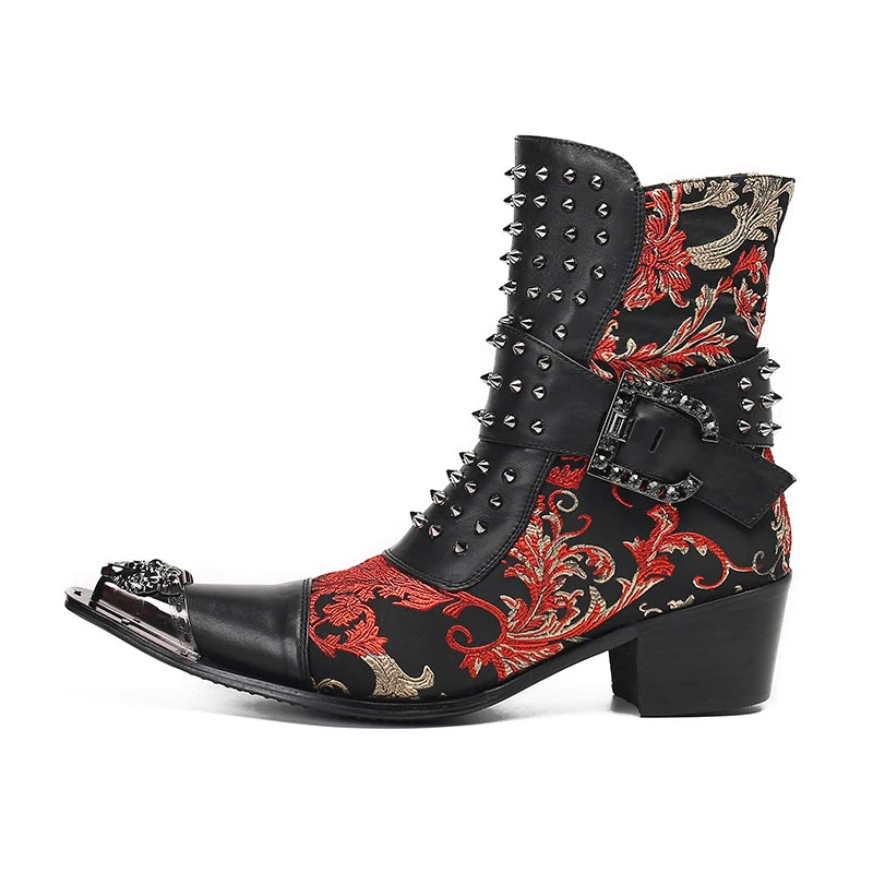 Original Black Men's Pointed Color Blocked Printed Formal Shoes Men's Leather Buckle Belt Motorcycle Boots T-platform Boots