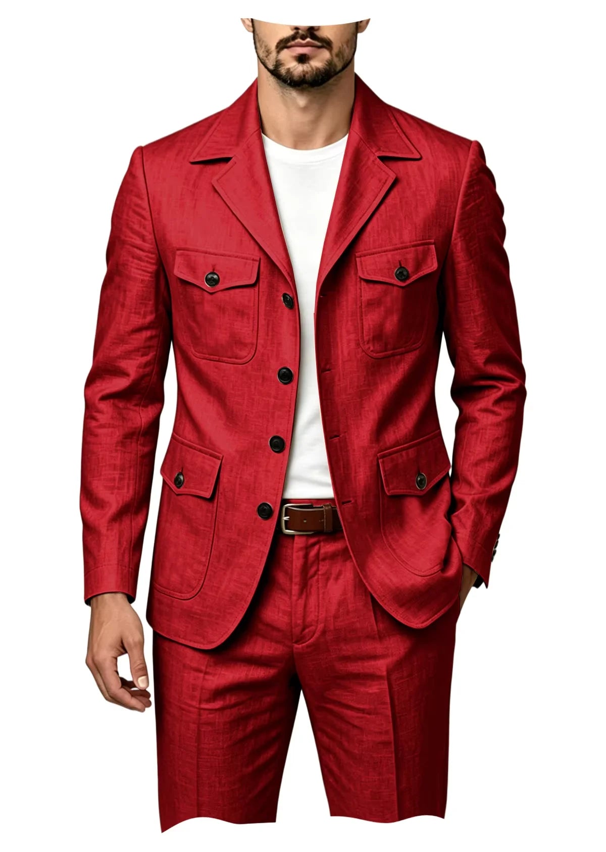 Men's Grey Linen Blend Suit 2 Piece Multi Pocket Peak Lapel Blazer pants Set Lightweight formal Suit for Summer Business Casual