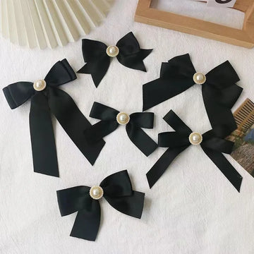 Black Satin Ribbon Bow Brooch Pearl Floating Tie Tie Flower College Style Pin Small Clothing Decoration Accessories