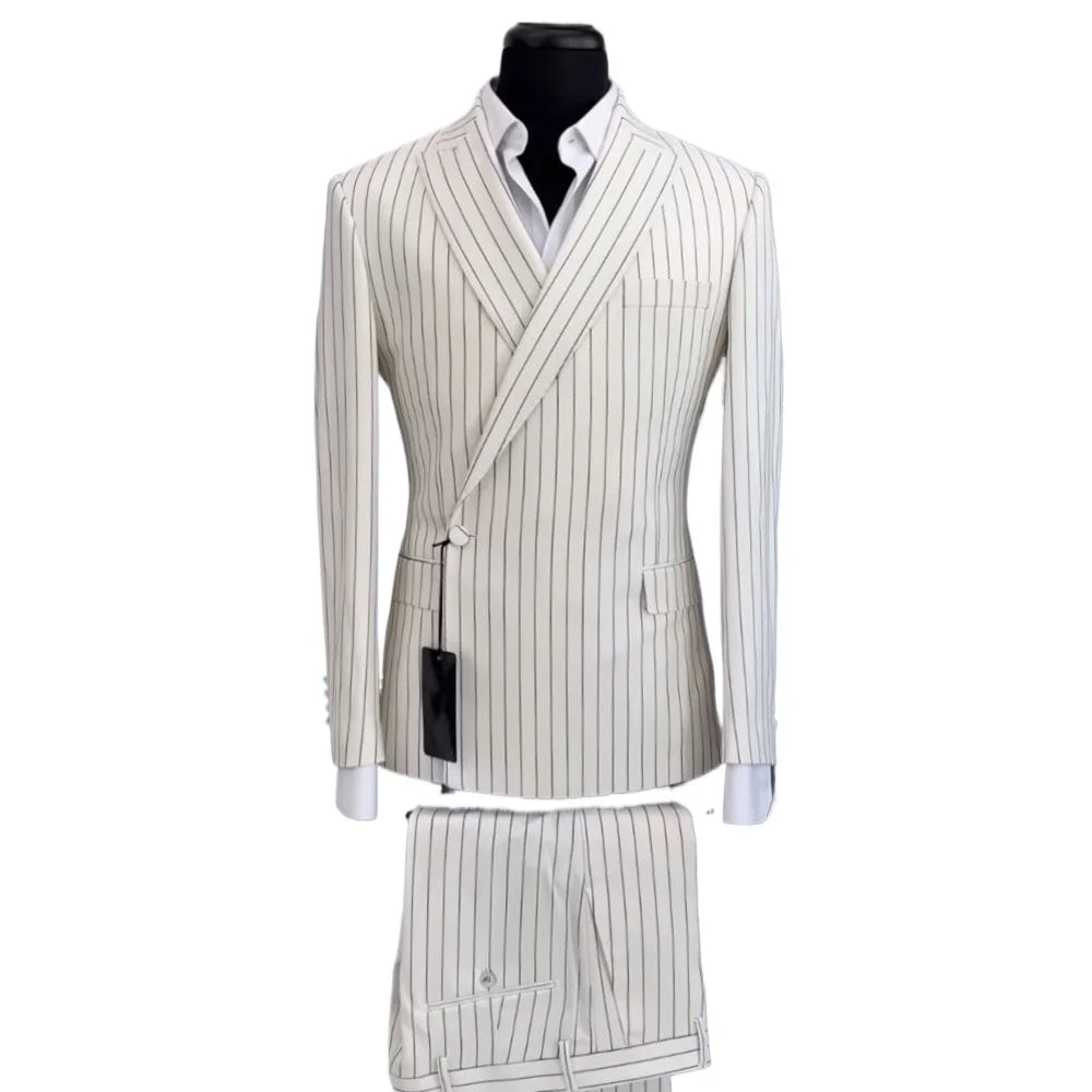 Elegant White Stripes Single Button Men Suit Two Pieces(Jacket+Pants) Lapel Outfits Casual Party Prom Wedding Set