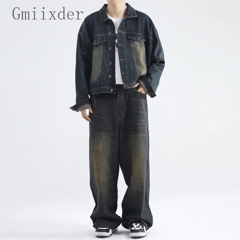 Gmiixder American Retro Vintage Denim Lapel Jacket Men's Hight Street Drape Wide Leg Jeans Hip Hop Trousers Suit/single Piece