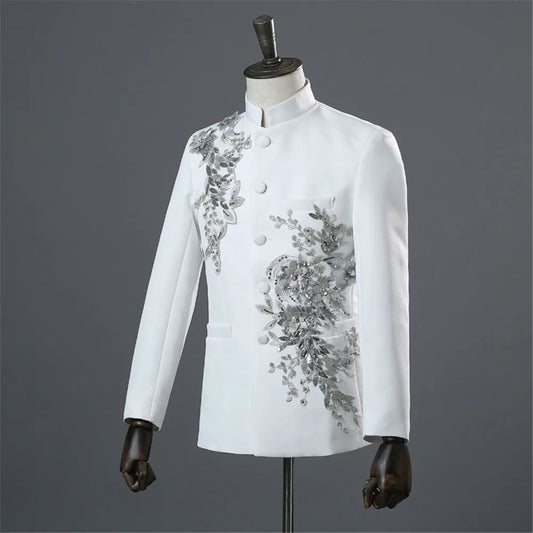 Túnica china Mandarín Mandarín Blanco Blanco Blazer aplicado para la Ceremonia de Banquete de Boda