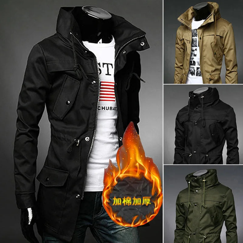 Men's Jacket Coat Foreign Trade Trench Coat Winter Fleece Cargo Trench Coat Men's Mid-length Double-layer Collart Mens Jacket