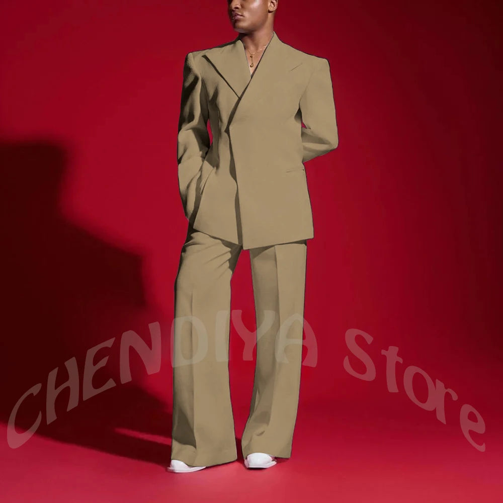 Elegant White Men Suit Peak Lapel Handsome Casual Male Clothing Two Pieces Jacket Pants Banquet Party Suits Set Straight