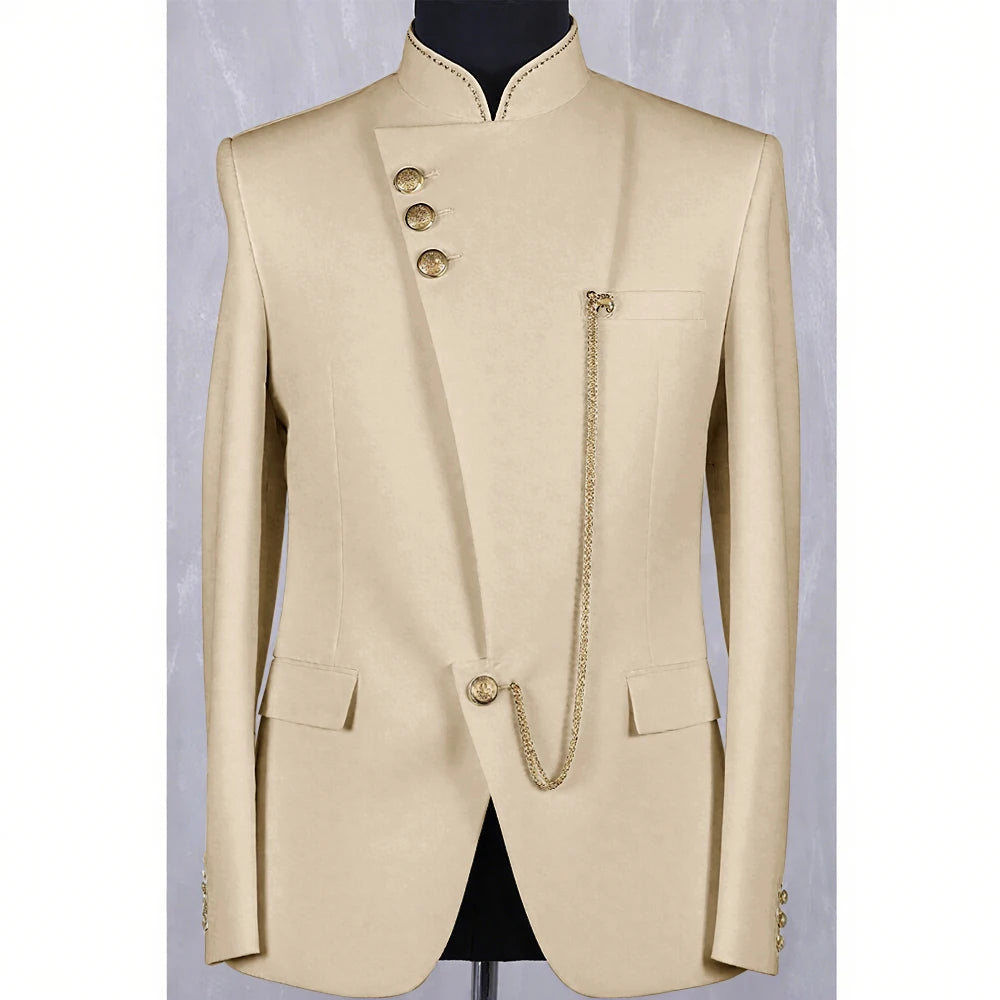 High Quality Blue Men Suit Casusl Blazer Single Breasted Stand Collar African Slim Fit Modern Style Outfits Jacket Pants