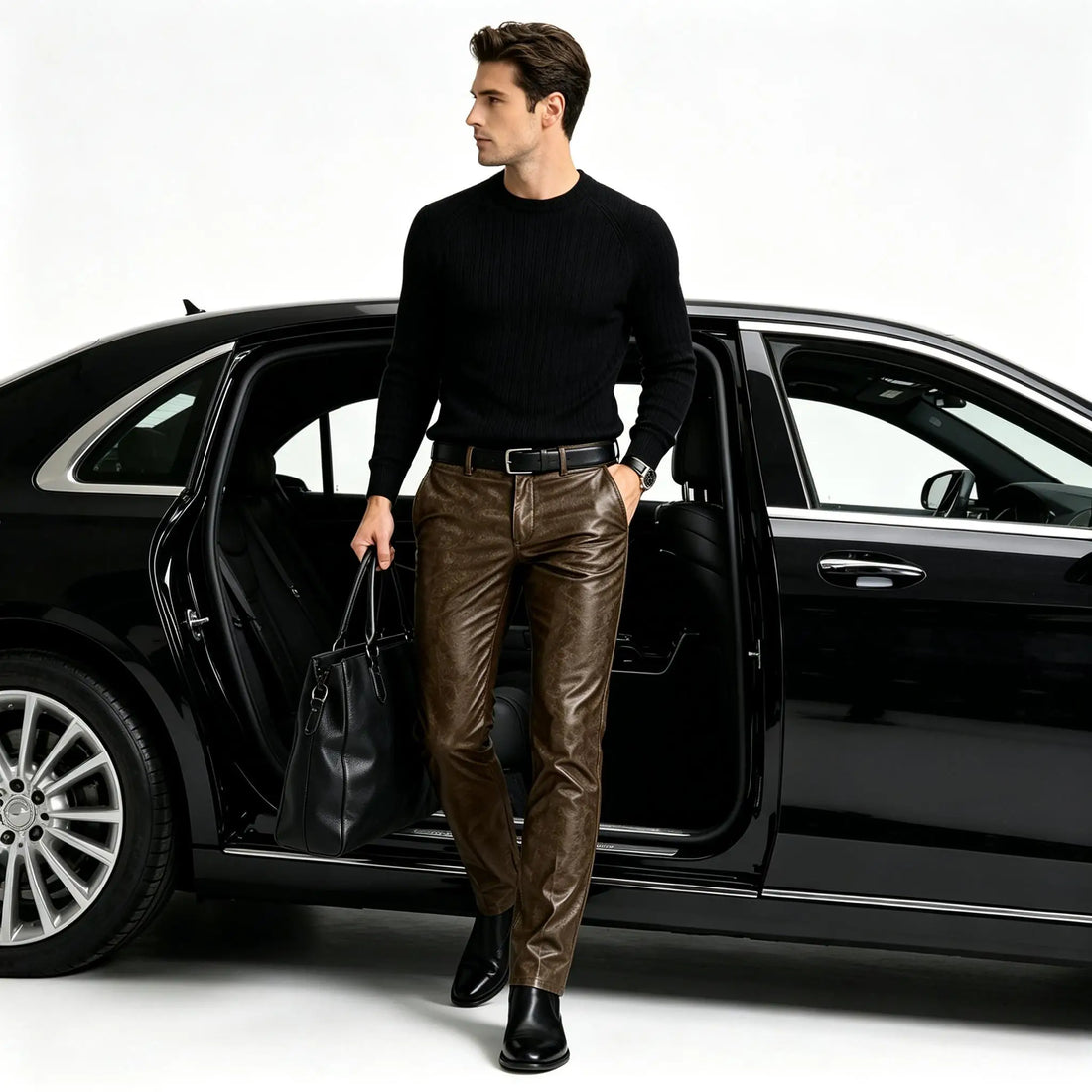 Men's Faux Leather Straight Leg Pants Slim Fit Business Casual Trousers Streetwear For Daily Office Travel