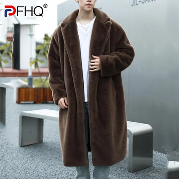 PFHQ Men's Imitation Fur Coat Over The Knee Warm 2024 Autumn Winter Solid Color Korea Fashion Male Trench Casual 21Z7621