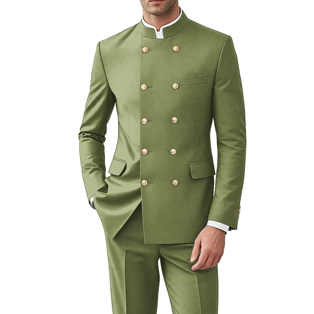Solid Color Men Suits Formal 2 Pieces Double Breasted Stand Collar Balzer Pants Formal Party Business Wedding Set Customized