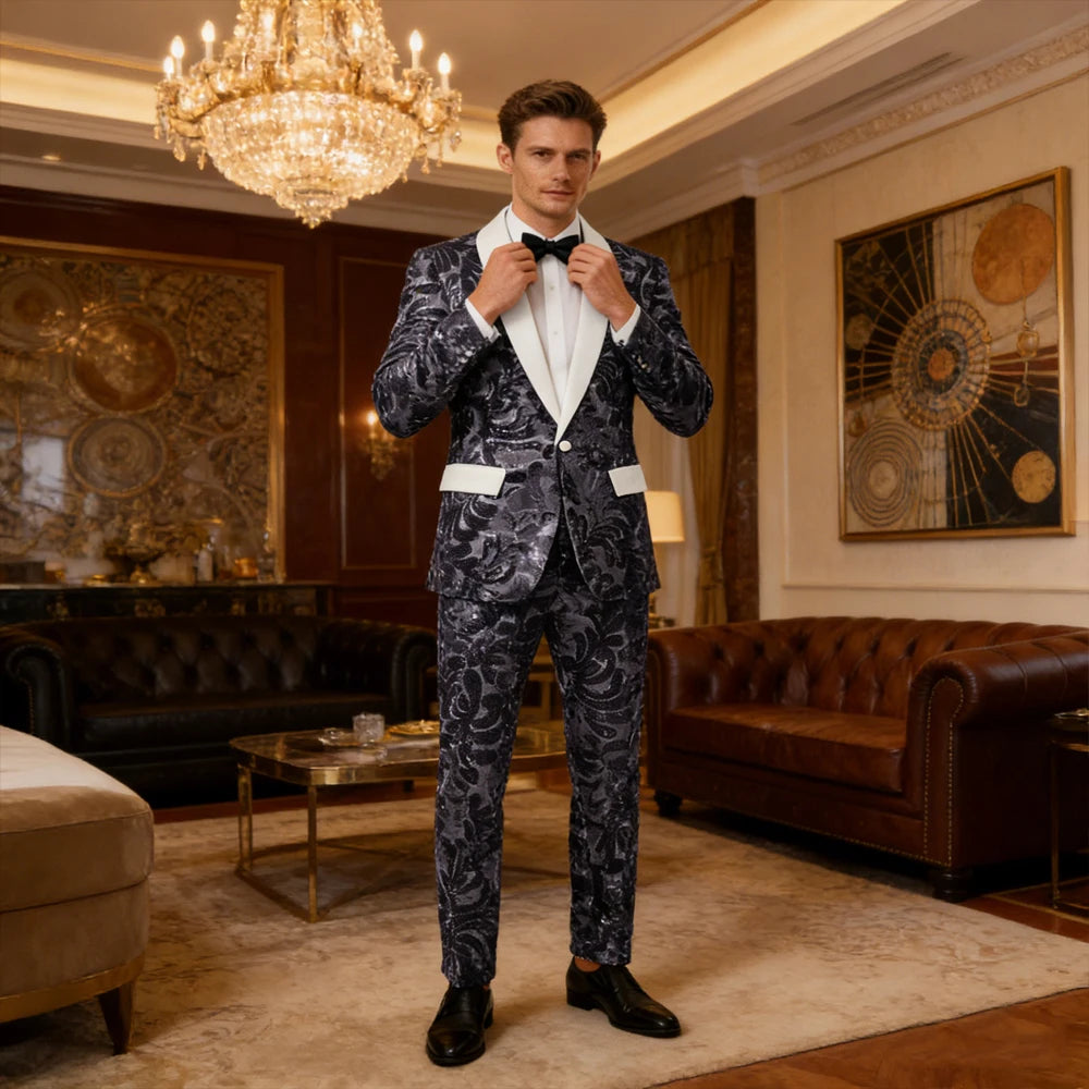 Men's Sequin Paisley Tuxedo Set Suit White Satin Shawl Lapel Slim Fit 2 Piece Blazer+Pants For Wedding Prom Party Suit Plus Size