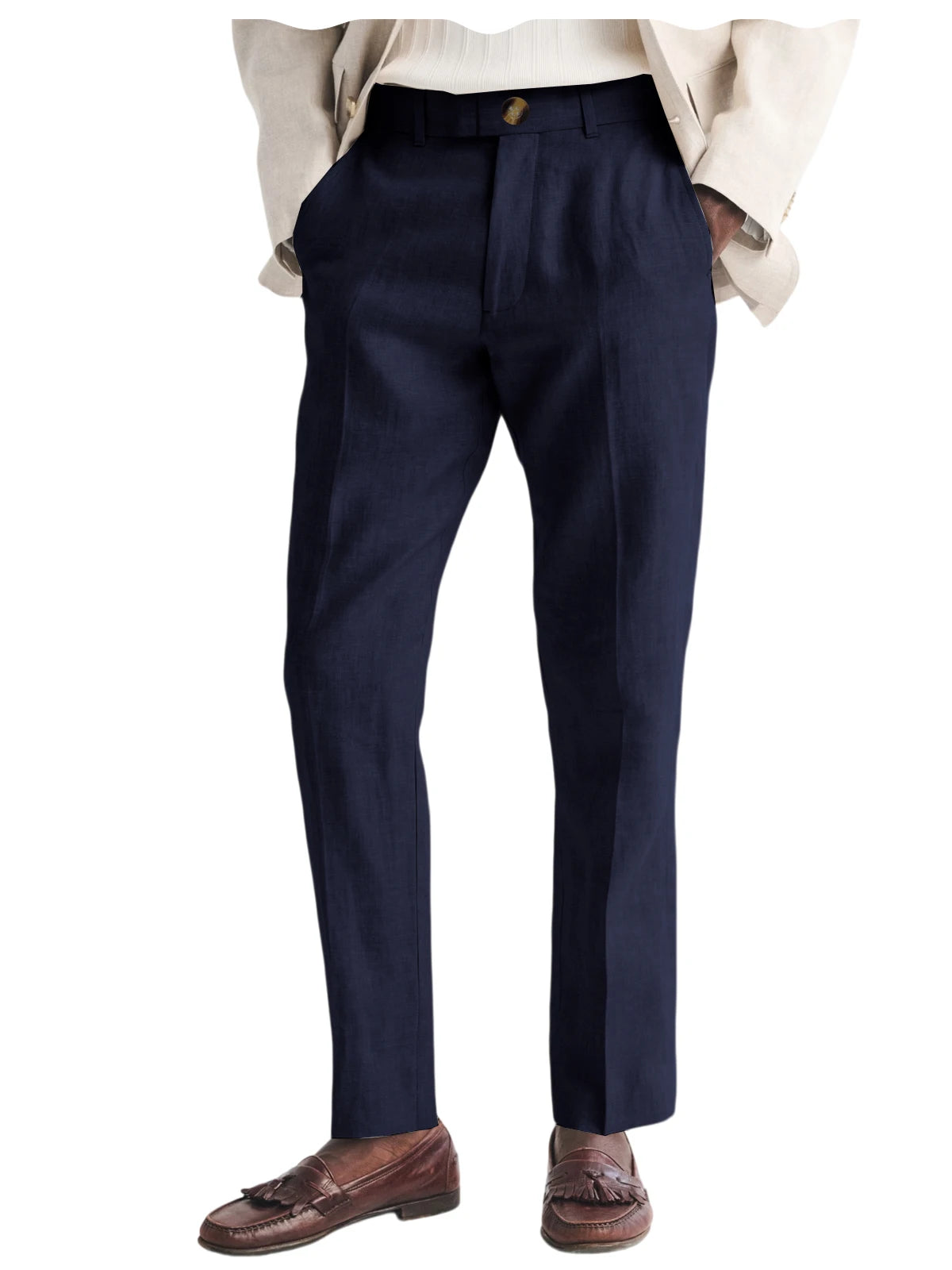 Men's Linen Straight Fit Pants Wrinkle-Resistant Lightweight Breathable Flat-Front Casual Trousers Expandable-Waist For Summer