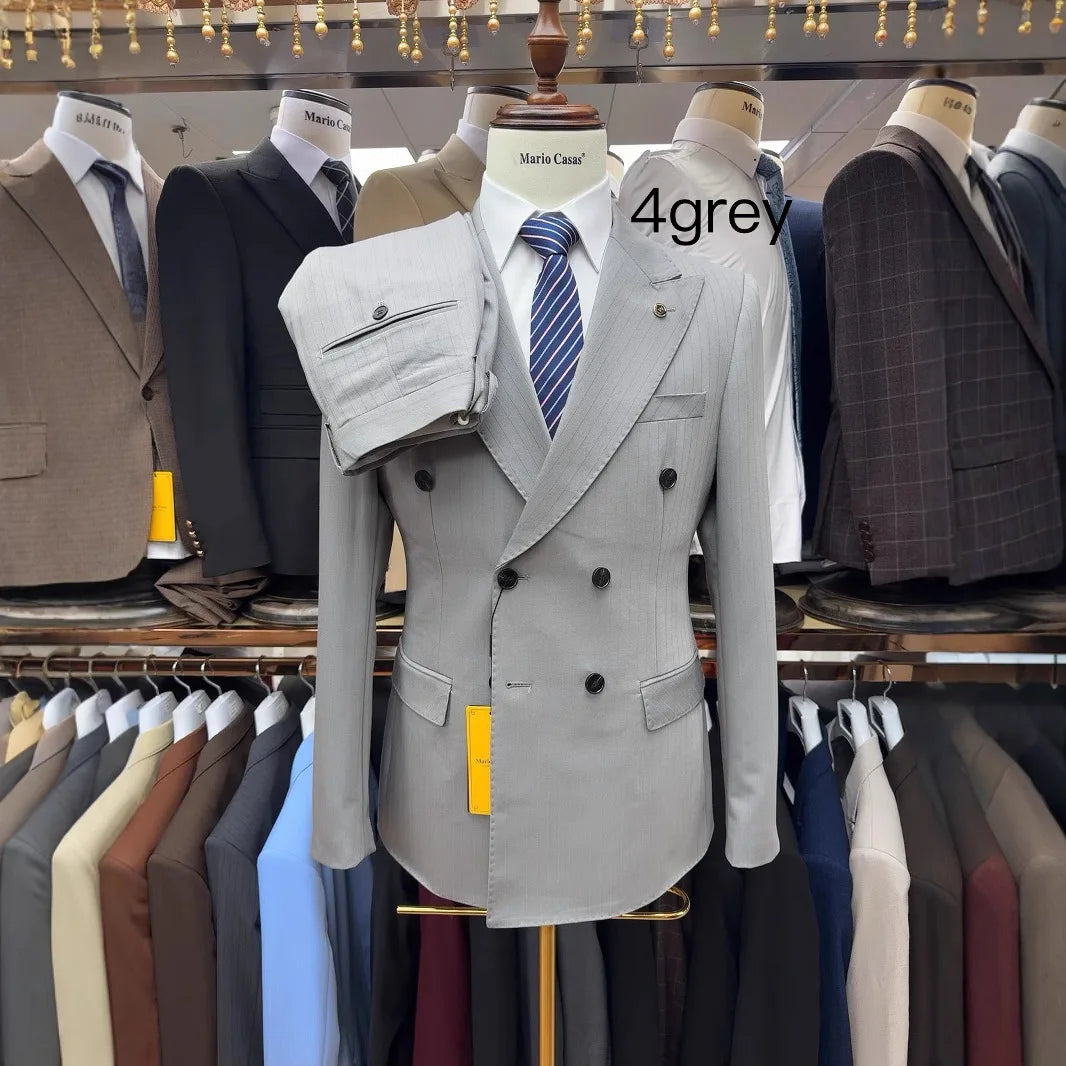 Classic Striped Men's Suit Set for Wedding Dress Formal Double Breasted Breasted Jacket Pants for Business Men Groomsmen