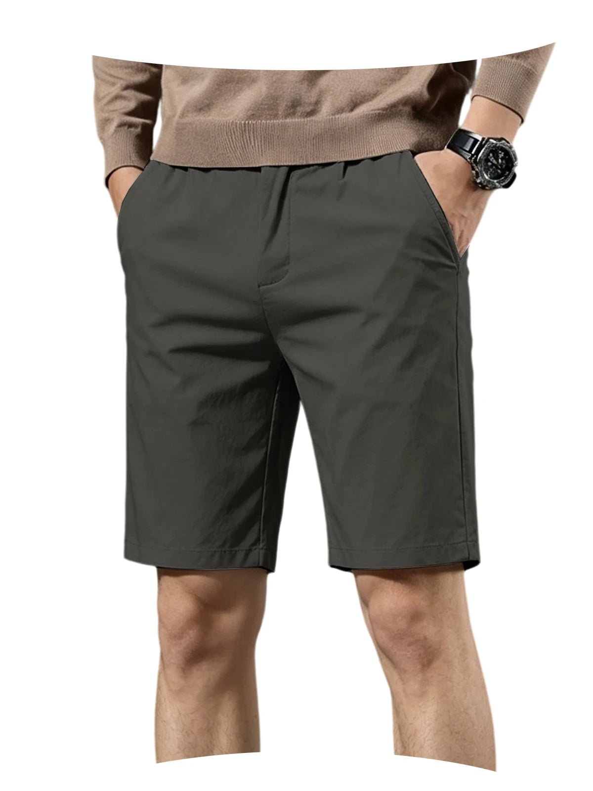 Men Cotton Solid Knee Length Bermuda Shorts Straight Chino Shorts Front Back Pockets Breathable Summer Beach Daily Casual Shorts