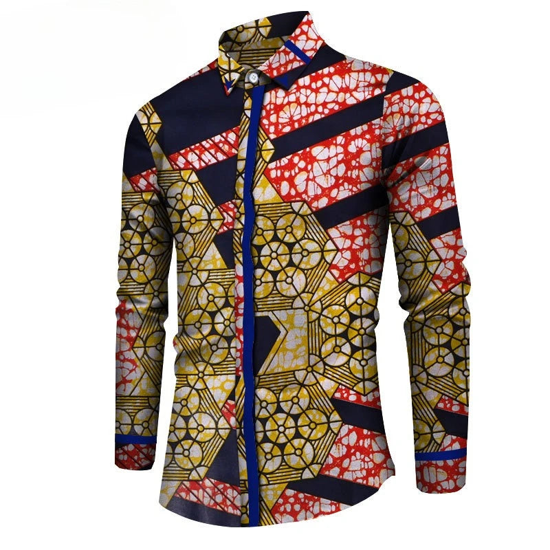 African Ethnic Print Fitted Casual Youth Regular Cotton Four-season Long-sleeved Square-neckShirt Men Shirt Designer Clothes Men