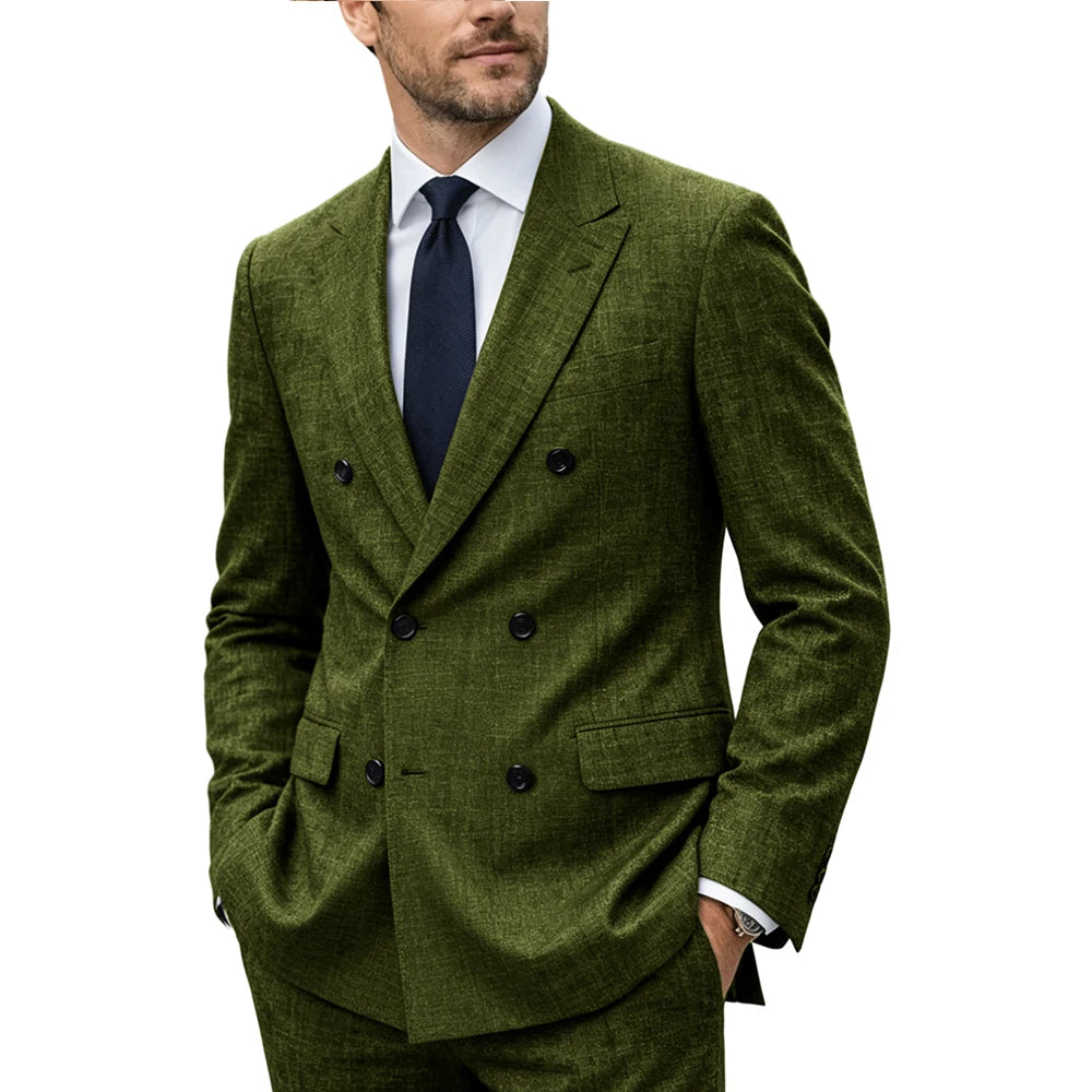 Men's Linen Suit Set  Double Breasted Slim Fit Peak Lapel Formal Blazer Pants Breathable Business Wedding Groom Tuxedo