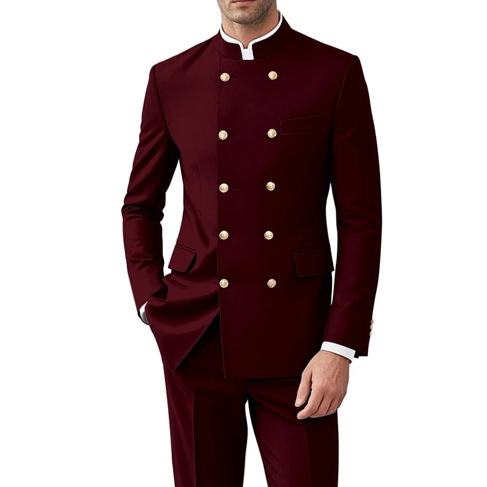 Solid Color Men Suits Formal 2 Pieces Double Breasted Stand Collar Balzer Pants Formal Party Business Wedding Set Customized
