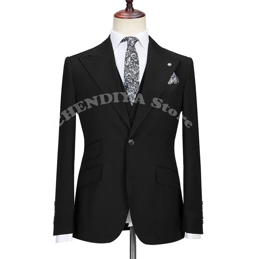 High Quality Men Suits Notch Lapel Single Breasted Navy Blue Pinstripe Suit Smart Casual Formal Party 3 Piece Formal Blazer