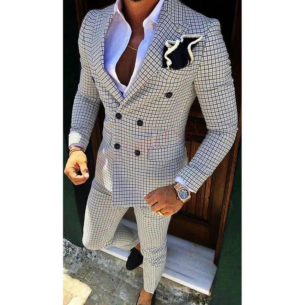 Fashion Lattice Men's Suit Slim Fit Prom Wedding Suits For Men Groom Tuxedo Jacket Pants Set Custom Casual Formal 2 Piece