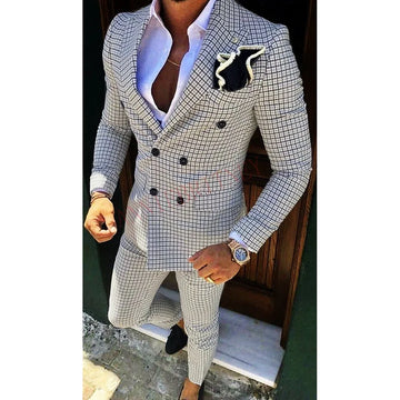 Fashion Lattice Men's Suit Slim Fit Prom Wedding Suits For Men Groom Tuxedo Jacket Pants Set Custom Casual Formal 2 Piece
