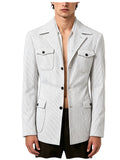Men's Pinstripe Blazer Slim Fit Notched Lapel Lightweight Breathable Multi Pocket Comfortable Casual Sport Coat For Summer