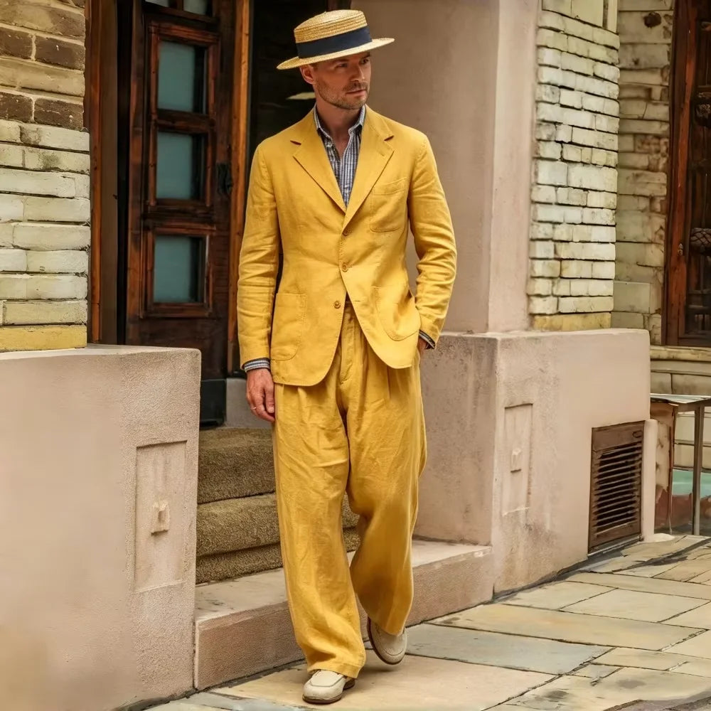 Men's Linen Suit 2 Pieces Luxury Slim Fit Casual Blazer Straight Leg Pants Breathable Wrinkle Resistant Lightweight For Wedding