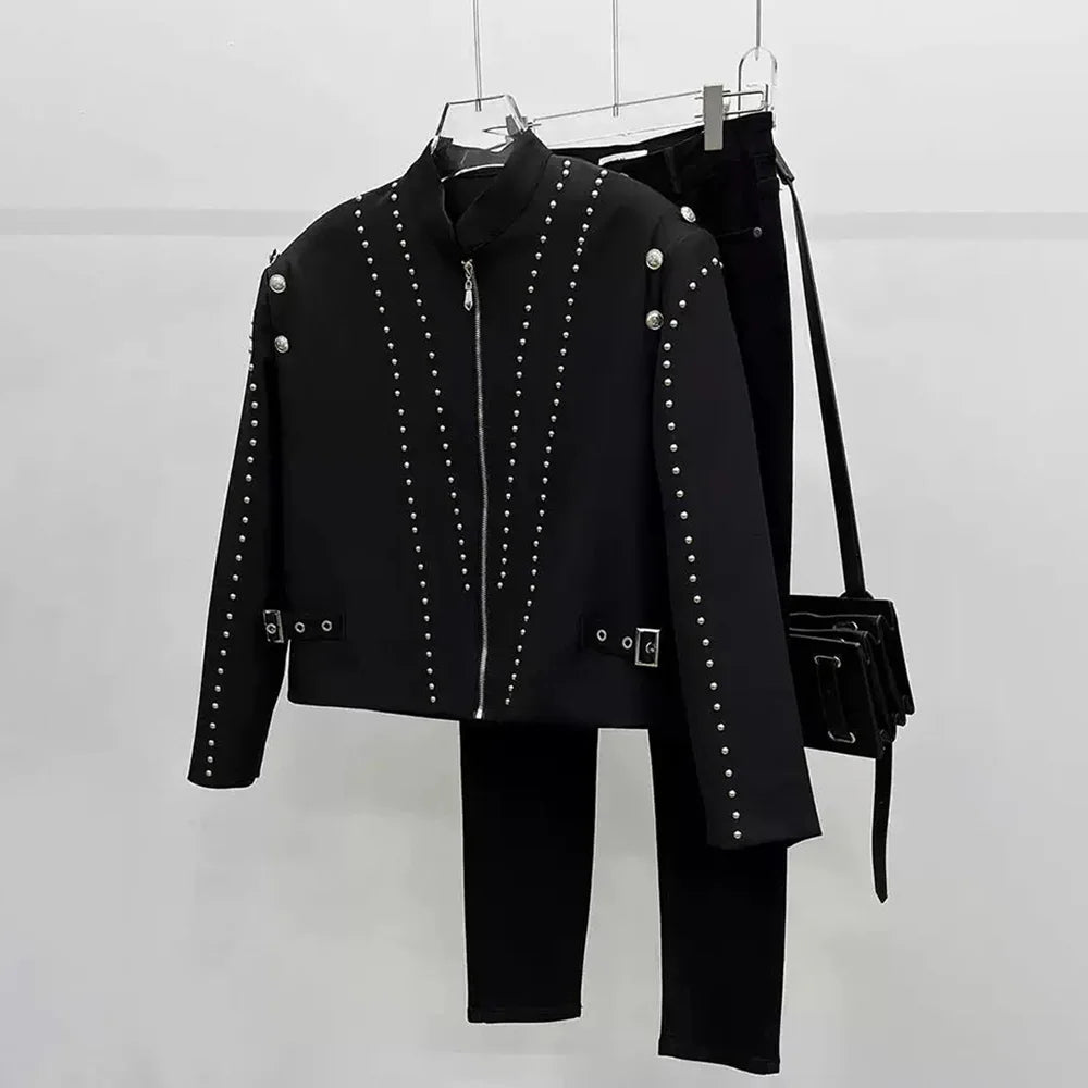 Mens Jacket Rivet Belt Decoration Jacket Nightclub Temperament Personality Party Performance Zipper Jacket Men'S Clothing 2024