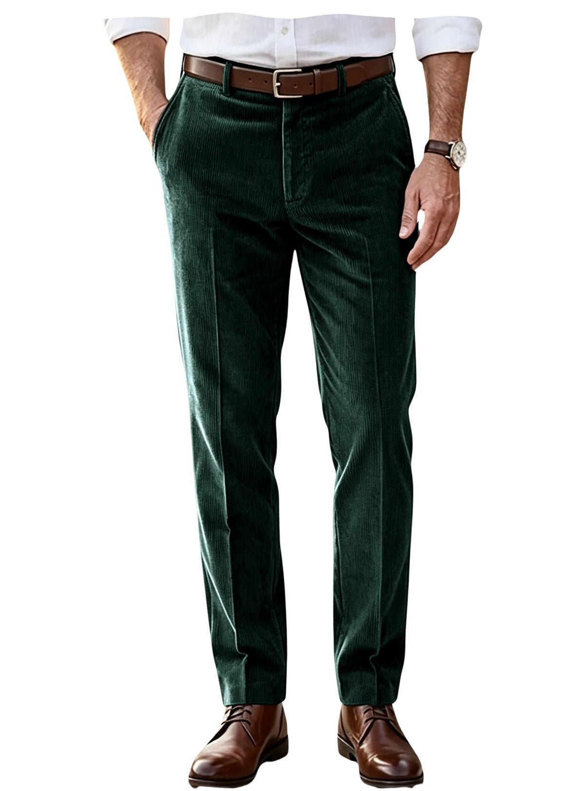 Men's Khaki Corduroy Pants Straight Leg Classic Fit Elastic Waist Comfort Wrinkle Resistant Formal Trousers For Business Office
