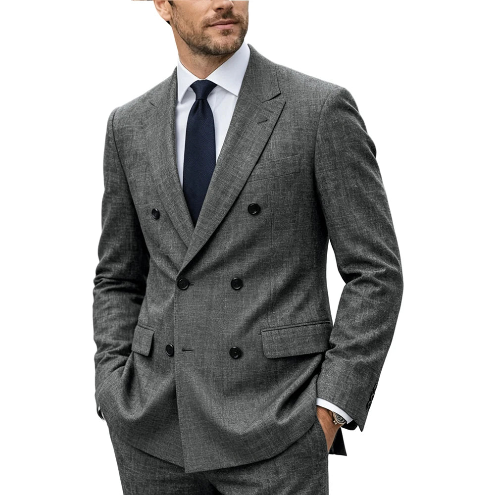 Men's Linen Suit Set  Double Breasted Slim Fit Peak Lapel Formal Blazer Pants Breathable Business Wedding Groom Tuxedo