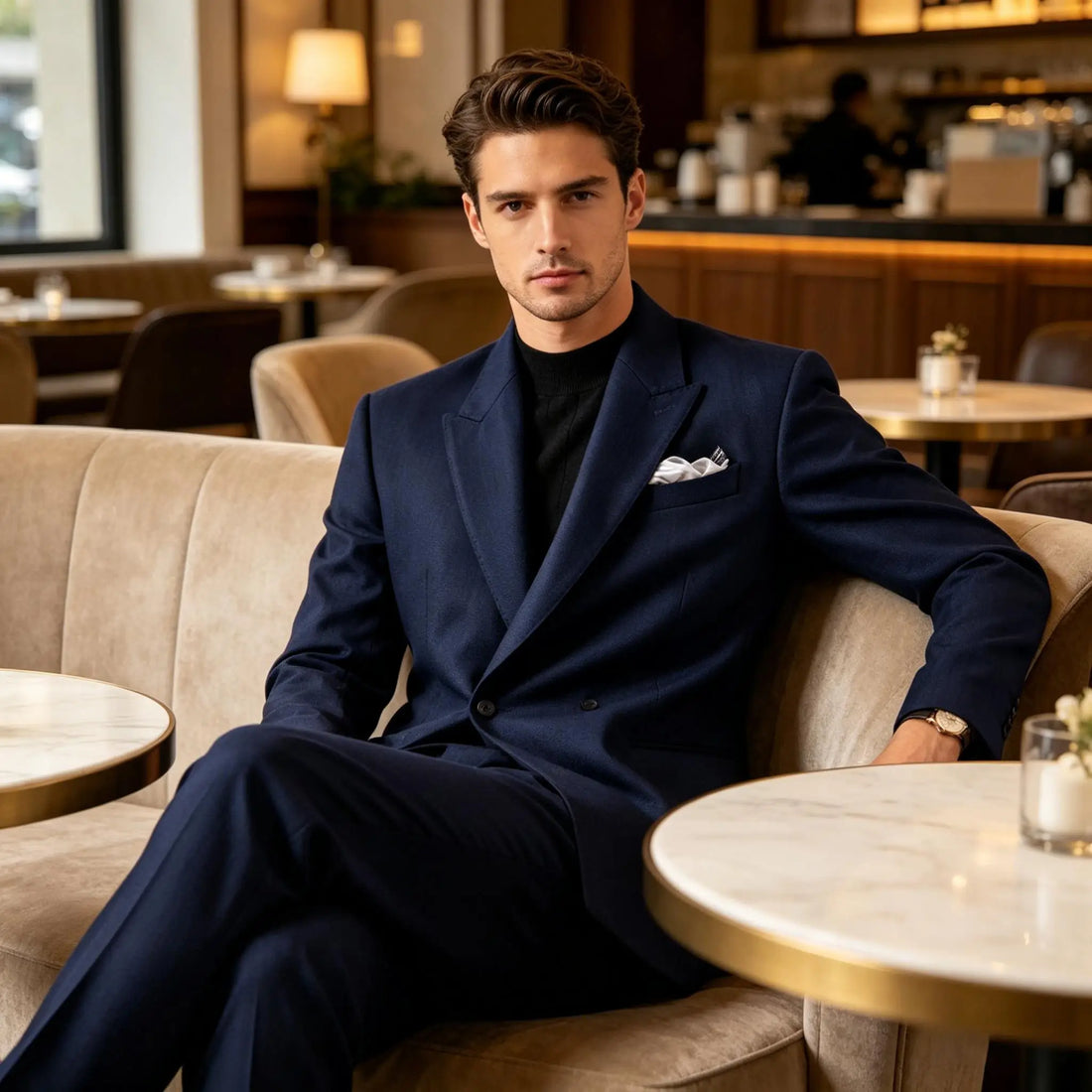 Men's Serge Suit Set Jacket Premium One Button Peak Lapel Slim Fit Tuxedo 2 Piece Blazer Pants Casual Business Wedding Formal