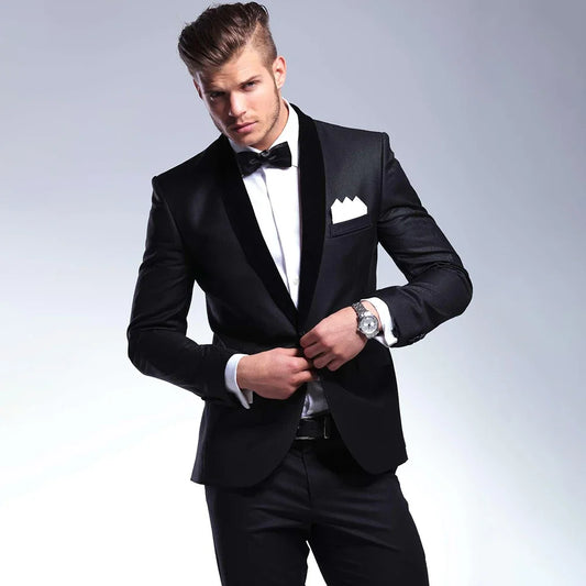 Classic Black Men Suits 2 Piece Elegant Shawl Lapel Single Button Blazer Set Wedding Groom Tuxedo Prom Party Male Suit Slim 2024