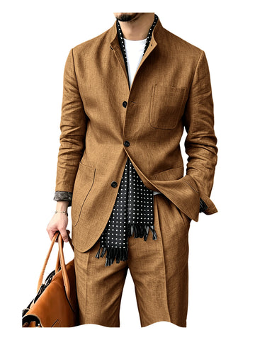 Men's Linen Blend 2 Piece Suit Set Stand Collar Three Button Breathable Casual Blazer Pants For Business Daily Wear Summer
