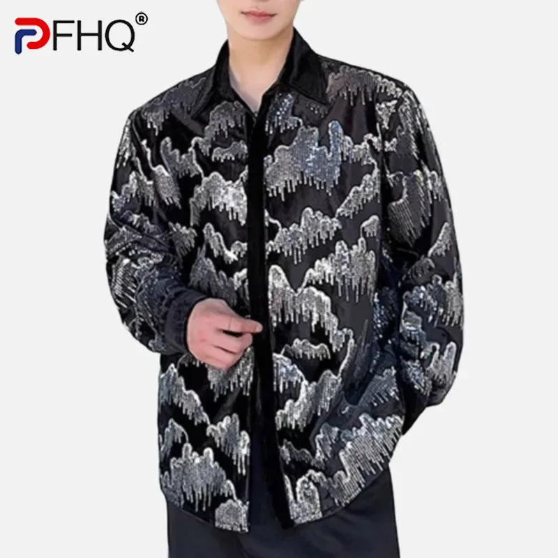 PFHQ Embroidery Sequins Men's Shirts Turn-down Collar Single Breasted Long Sleeve Personalized Loose Male Tops Fashion 9C7537