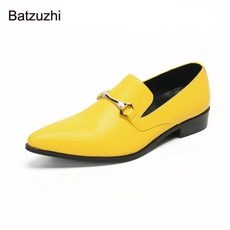 Batzuzhi Italian Style Men's Shoes Pointed Toe Men's Leather Dress Shoes Men Slip on Bright Color Party and Wedding Shoes Male