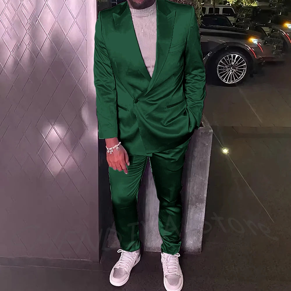 Silver Satin Men Suits 2 Piece Chic Peak Lapel Casual Daily Suit Single Button Formal Evening Party Tuxedo (Blazer+Pants)