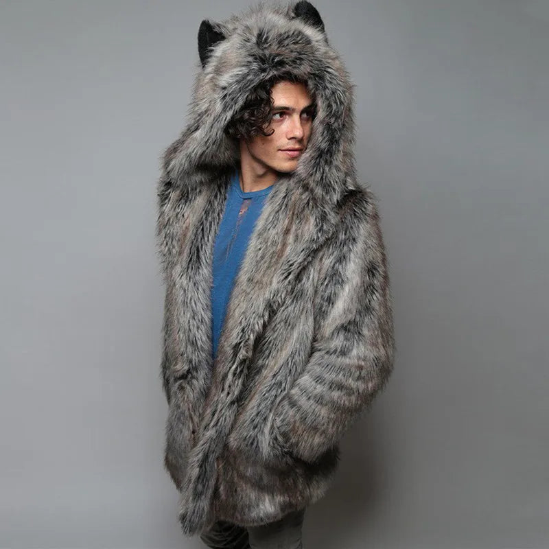 Men's Faux Fur Coat Long Sleeve Hooded Thick Warm Jackets Male Plush Fluffy Cardigan Casual Parka Snow Wear Winter Fur Coat 512