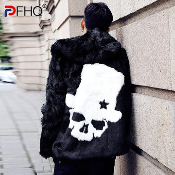 PFHQ Men's Faux Fur Coat Tide Skull Pattern Hooded Jackets Personality Plush Cotton Warm Outdoor Advanced Autumn Winter 21Z2162