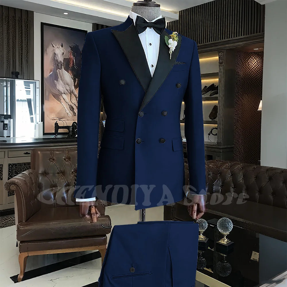 Elegant Men Suits Classic Double Breasted Peak Lapel Male Clothing 2 Piece Fashion Evening Party Business Prom Formal Set