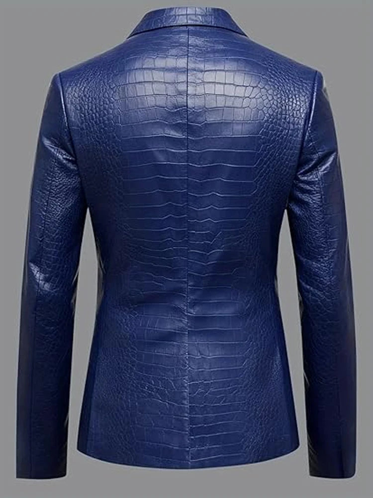 Men Elegant Brown Crocodile PU Leather Blazer Shawl Lapel Long Sleeve Pocket With Belt Business Casual Male Fashion Suit Jacket