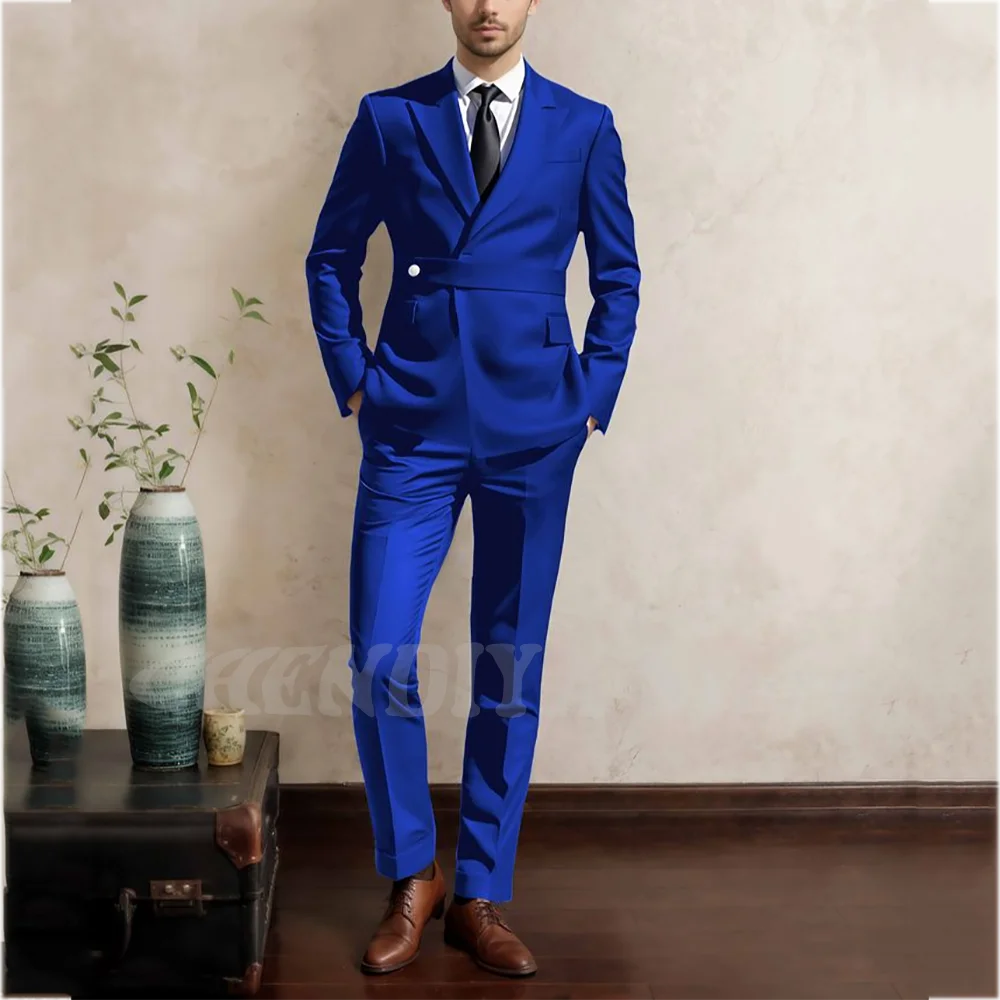 Solid Color Formal Suit For Men Slim Fitted Peaked Lapel High Quality Male Outfit Business Casual Office Wear Two Pieces