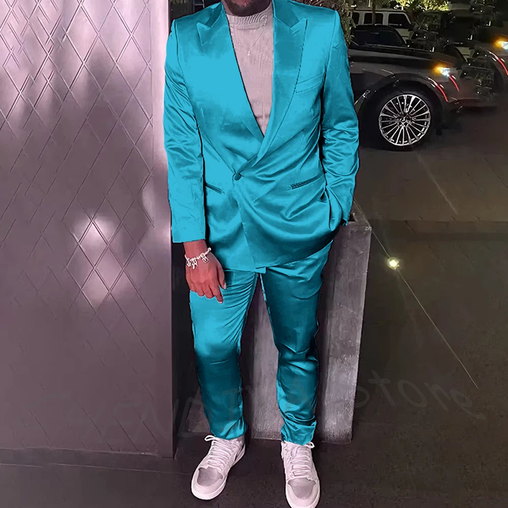 Silver Satin Men Suits 2 Piece Chic Peak Lapel Casual Daily Suit Single Button Formal Evening Party Tuxedo (Blazer+Pants)
